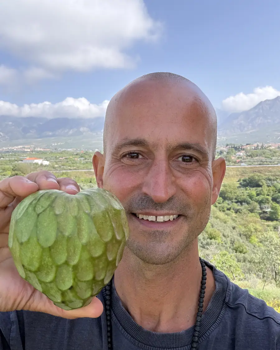 Victor mit einer frischen Cherimoya auf dem Feld